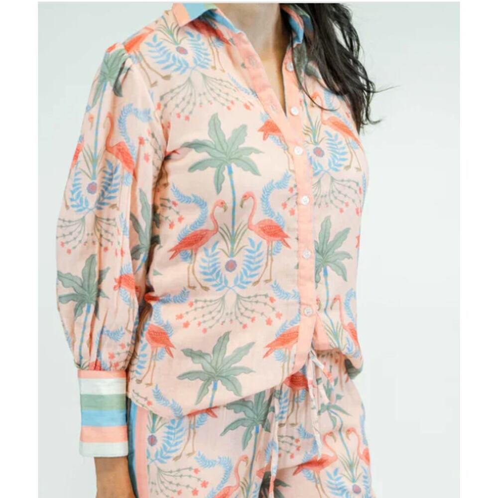 Victoria Dunn, Marigold Zara Linen Button Down Top, Palm Tree Flamingo,  XL, NWT